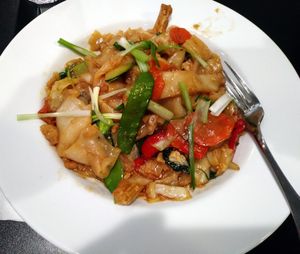 Drunken Noodle with rich flavors, delicious veggies, and savory tofu. at Vegan Plate in Roseville