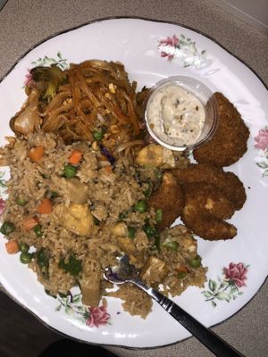 Veggie pad Thai, gourmet fried rice, and tempura shrimp!  at Vegan Plate in Roseville