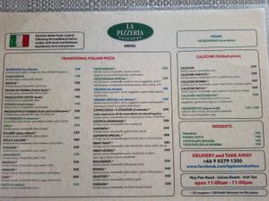 Menu at La Pizzeria in Koh Tao