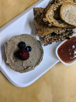 Faux Gras Pate de Portobello & Lentils with Homemade tomato jam and bread at La Sociedad Herbivora in Malaga