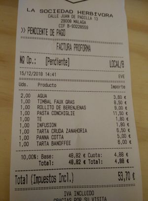 Prices we OK for the great quality and tastes. at La Sociedad Herbivora in Malaga