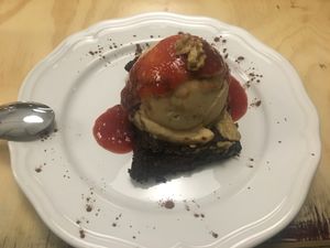Brownie with ice cream at La Sociedad Herbivora in Malaga