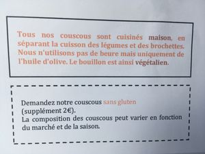 The menu saying that the couscous is vegan le  at Couscous Deli  in Paris