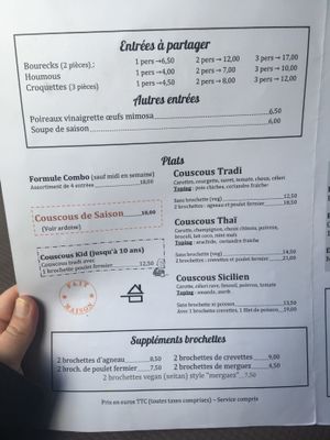 The menu at Couscous Deli  in Paris