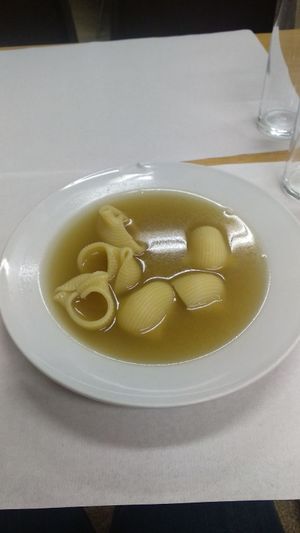 Vegetable soup with catalan Galets (vegan) at Hermanos Matos in Barcelona