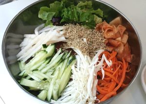 Cold Buckwheat Noodles with spicy sauce at Maru JaYeonSik Kimbap in Seoul