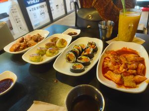 Left to right: soy chicken, Mandu, kimbap, ttbk at Maru JaYeonSik Kimbap in Seoul