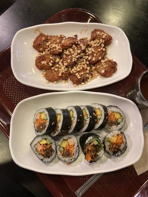 Fried chicken + “ham” kimbap  at Maru JaYeonSik Kimbap in Seoul