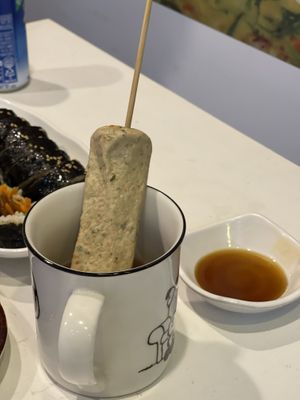 Vegan “hot bar(핫바)”, which is vegan fish cake. It does taste like fish cake. I was shocked   at Maru JaYeonSik Kimbap in Seoul