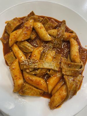 Mix of Korean rice cakes and fake meats. Spicy!  at Maru JaYeonSik Kimbap in Seoul