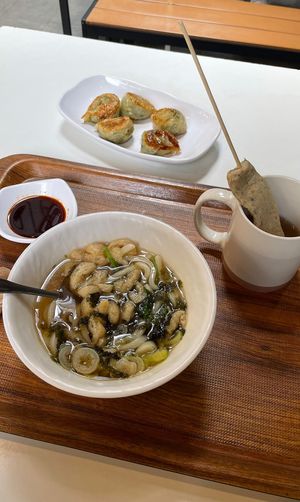 Udon, fried dumplings and hotbar  at Maru JaYeonSik Kimbap in Seoul