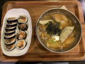 Soy Ham Kimbap and Ricecake Mandu Soup  at Maru JaYeonSik Kimbap in Seoul