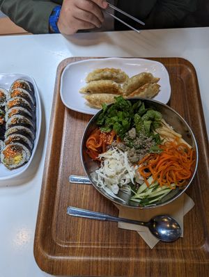 Bibim cold noodles, dumplings, fried tofu kimbap - all perfect and delicious 😋 at Maru JaYeonSik Kimbap in Seoul
