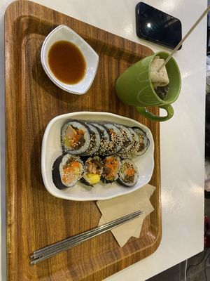 spam kimbap and vegan odeng  at Maru JaYeonSik Kimbap in Seoul