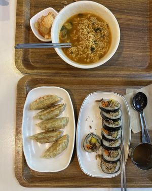 Ramen (top), fried dumplings (bottom left), fried tofu Gimbap (bottom right)  at Maru JaYeonSik Kimbap in Seoul
