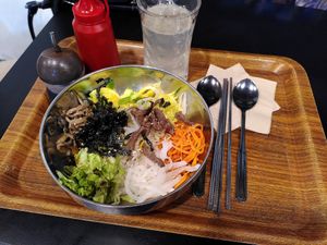 Bibimbap and lemon juice at Maru JaYeonSik Kimbap in Seoul