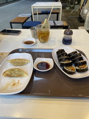 Gyoza, fish cake, kimbap   at Maru JaYeonSik Kimbap in Seoul