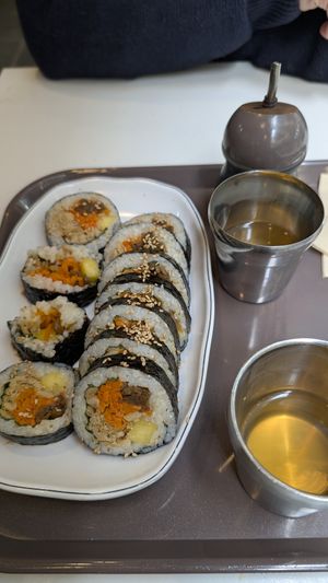 Gimbap and soup at Maru JaYeonSik Kimbap in Seoul