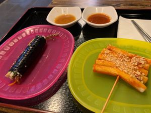 Mini kimbap and rice cake at Maru JaYeonSik Kimbap in Seoul