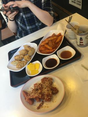 dumplings, tteokbokki, vegan odeng, soy chicken at Maru JaYeonSik Kimbap in Seoul