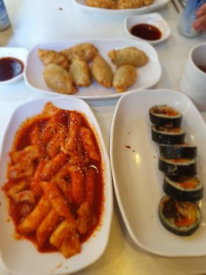 Tteokbokki, kimbap and dumplings at Maru JaYeonSik Kimbap in Seoul