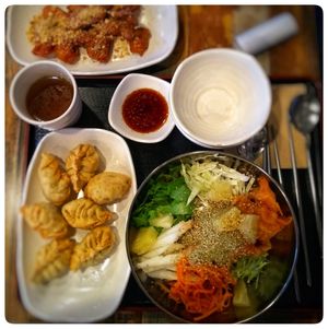 Cold buckwheat noodles, fried dumplings and seitan chicken. Yummy! at Maru JaYeonSik Kimbap in Seoul