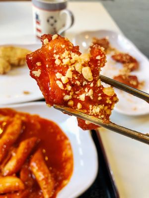 Soybean 'Chicken' - sweet, sticky and crispy! Covered in peanuts - YUM. at Maru JaYeonSik Kimbap in Seoul