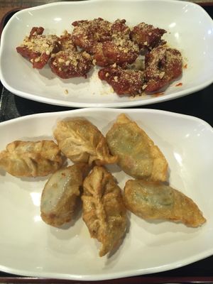 Soy spicy chicken and fried dumplings  at Maru JaYeonSik Kimbap in Seoul
