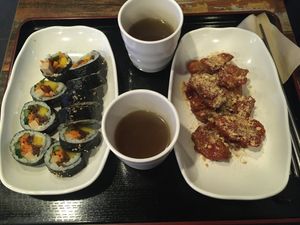 Vegan ham gimbap and soy spicy chicken  at Maru JaYeonSik Kimbap in Seoul
