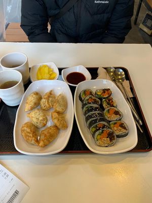 Dumplings and kimbab at Maru JaYeonSik Kimbap in Seoul