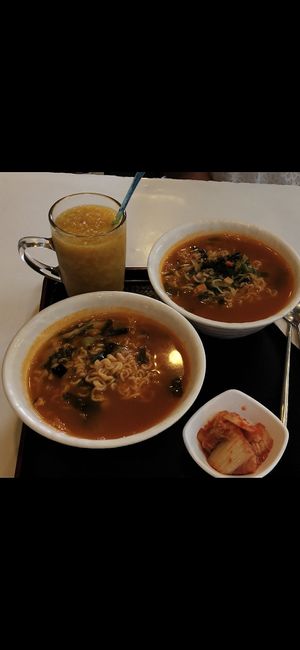The ramyeon and the pumpkin shikhye at Maru JaYeonSik Kimbap in Seoul