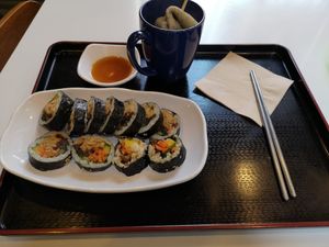 Fried tofu kimbap and vegan fish cake at Maru JaYeonSik Kimbap in Seoul
