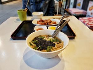 I tried the Udon. In the Background is the Soy Chicken and Odeng. at Maru JaYeonSik Kimbap in Seoul