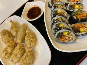 Vegan mandu and tofu gimbap at Maru JaYeonSik Kimbap in Seoul