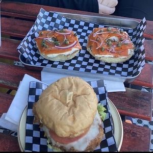 Lox bagel and chikn burger  at Real Fake Meats in Halifax
