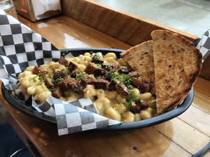 Mac and cheese with garlic bread  at Real Fake Meats in Halifax