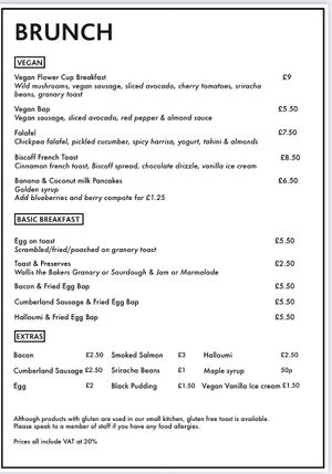 Vegan brunch menu (Oct 2020) at The Flower Cup in Chester