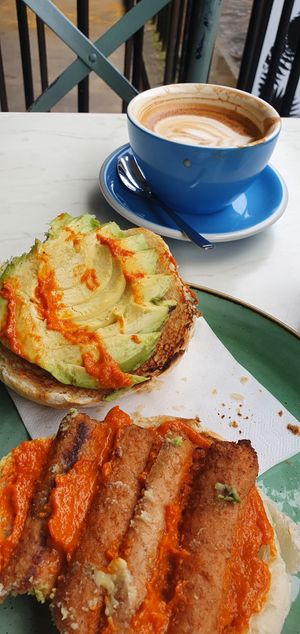 Avocado and vegan sausage bap at The Flower Cup in Chester