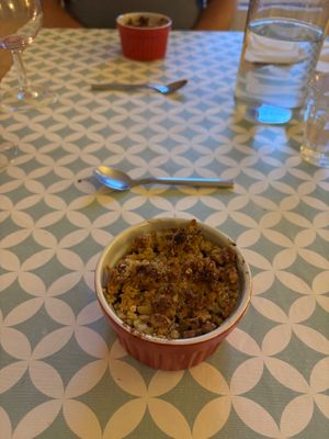 Homegrown plum crumble evening meal dessert at La Beuratte in Cornimont
