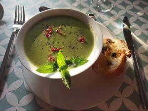 Mint and sweet pea cold soup at La Beuratte in Cornimont