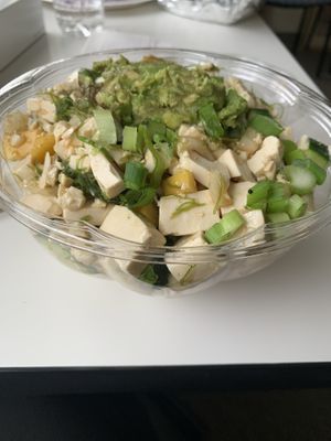 Tofu, mango, scallion, white sticky rice, cucumber, avocado!  at Pokemoto in Norwalk
