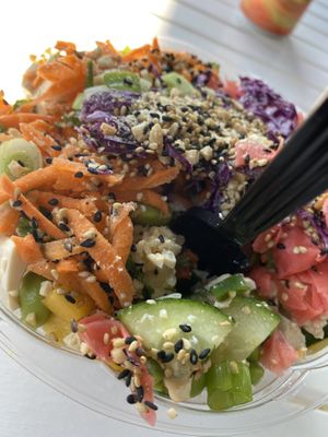 Poke Bowl, sushi rice, tofu, edamame, teriyaki sauce, pickled ginger, scallions, cabbage, cashews, sesame seeds cucumbers and mango!! at Pokemoto in Norwalk