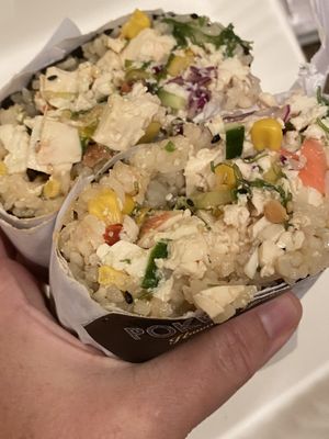 The burrito with sushi rice, tofu, corn cucumber, ginger, green seaweed, cucumber,  mango, cabbage and teriyaki   at Pokemoto in Norwalk