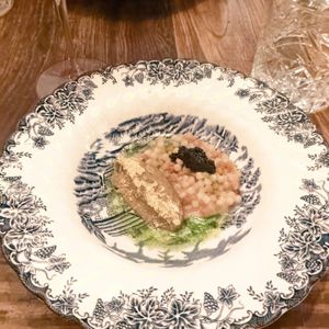 Homemade baba ganoush and pearl pasta with vegan caviar. at Brasserie Uno in Zermatt