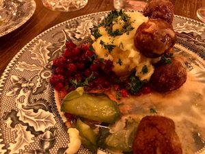 Vegan meatballs, mashed potatoes and lignon berries (partially eaten. (ooops) at Brasserie Uno in Zermatt