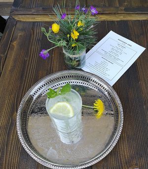 Homemade wild dandelion G&T at Brasserie Uno Zermatt at Brasserie Uno in Zermatt