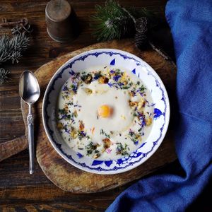 Our vegetarian fonduta is made with potato, local Zermatt cheese and a 63-degree poached egg yolk at Brasserie Uno in Zermatt