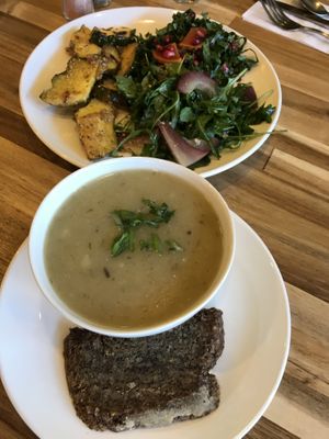 Potato Leek Soup with gluten free crostini, three scoop salad plate in background.  at Baagan in Moraga