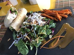 Almond tuna wrap, sweet potato fries and salad.    at Cafe Roots-N-Kulchah in St Croix