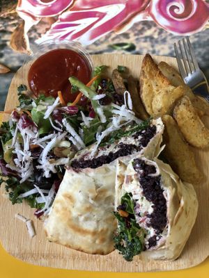Almond tuna wrap with salad and roasted potatoes    at Cafe Roots-N-Kulchah in St Croix